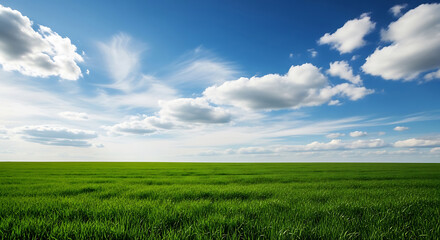 Obraz premium Green Field and Blue Sky Scenery: Meadow Under Sunny Sky. Peaceful Environment Landscape. Open Horizon With Clouds in Pastoral Setting.