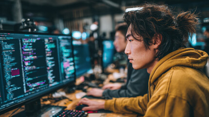 Young Asian man programming software on a computer monitor displaying colorful code. He is focused intently on his task, working in a modern tech office space.