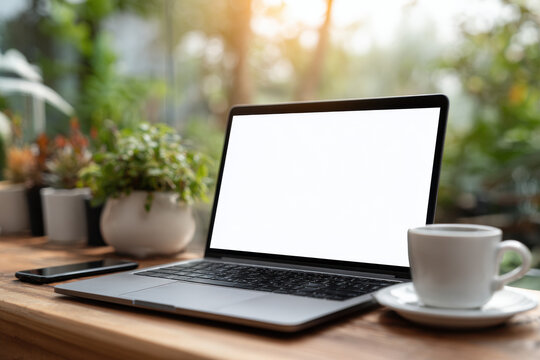 Modern laptop with blank white screen sits on wooden table with smartphone and coffee. Blurred green foliage and sunlight create a peaceful remote workspace for online business.