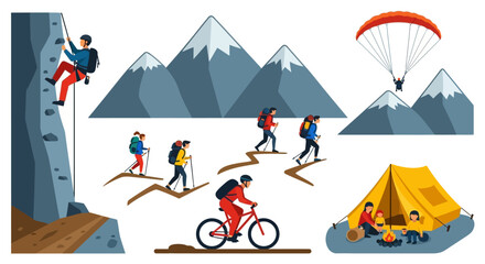 Diverse group of people enjoying various outdoor adventure activities