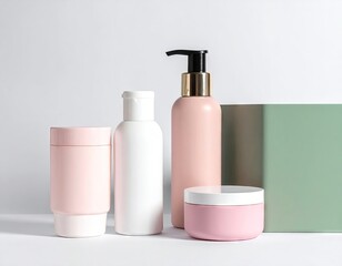 Pink and White Cosmetic Products on White Background