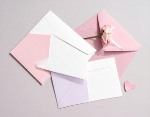 Pink and White Envelopes with Flower on Pale Pink Background