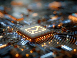Glowing envelope icon integrated on a futuristic microchip circuit board symbolizing digital communication and advanced electronic messaging technology systems
