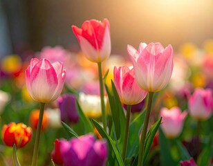 Pink and White Tulips in a Field at Sunset