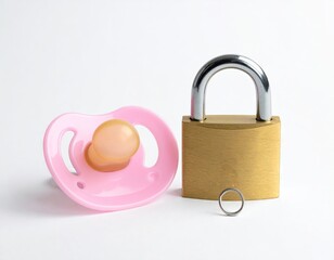 Pink Baby Pacifier and Padlock on White Background