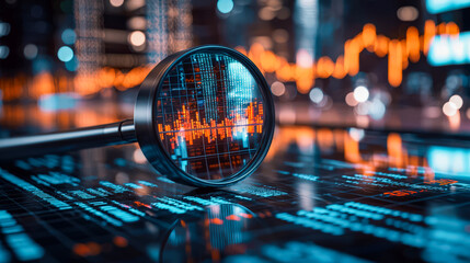 Digital stock market analysis with magnifying glass and vibrant data visuals