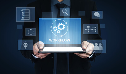 Workflow optimization concept featuring interconnected gears, task management, collaboration, process mapping, review, and automation for business productivity and efficiency Vouch