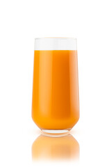 Orange color pulpy juice of mango, multifruit, carrot or pumpkin in glass, isolated. Energy vitamin vegetable or fruit cocktail for healthy fitness meny, diet programm or wholesome restaurant cuisine.