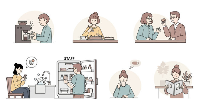 Diverse People Enjoying Daily Activities and Refreshments in a Stylized Illustration