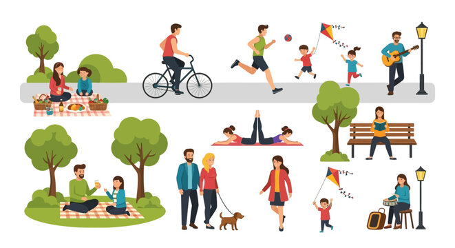 Diverse people enjoying various outdoor leisure activities, flat vector illustration style.