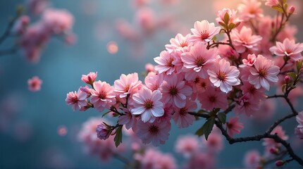 Pink Cherry Blossom Flowers on Branch in Soft Focus Spring Scene