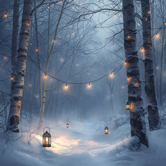 A serene winter forest, adorned with snow-covered birch trees, delicate fairy lights, and softly glowing lanterns, creates a dreamy atmosphere.
