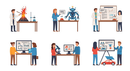 Diverse Scientists and Students Engage in Various STEM Experiments and Projects