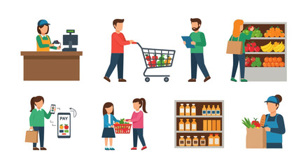 Diverse shoppers and staff in a vibrant grocery store setting