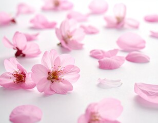 Pink Cherry Blossoms and Petals on White Background