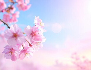 Pink Cherry Blossoms Branch Against Soft Sky