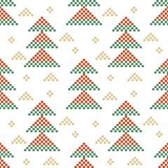 Colorful Christmas Holiday,Pine tree seamless pattern.Beautiful Scandinavian embroidery folk design.Geometric ornament.Abstract pixel background.Cute illustration for print decor, wallpaper,fashion 