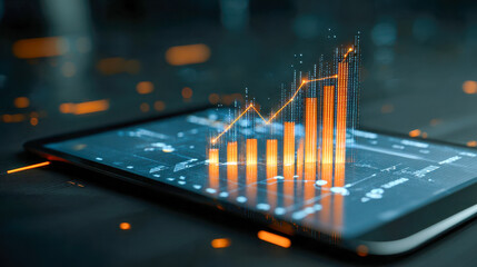 Digital tablet displaying futuristic orange 3d bar and line graph illustrating business growth and data analytics in a modern technological environment
