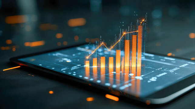 Digital tablet displaying futuristic orange 3d bar and line graph illustrating business growth and data analytics in a modern technological environment