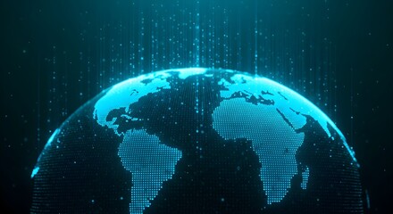 Digital globe with illuminated continents and vertical streams of light, representing global connectivity and data flow.