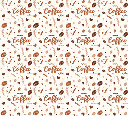 Seamless Coffee beans pattern vector illustration on bright background,  template for fashion prints.
