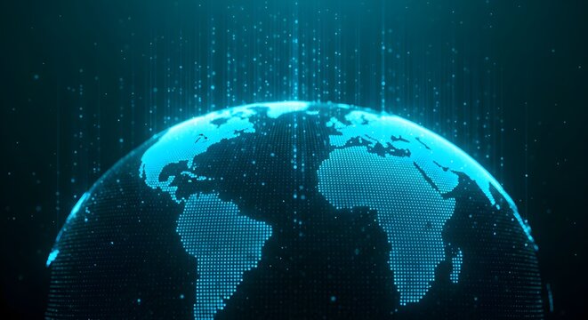 Digital globe with illuminated continents and vertical streams of light, representing global connectivity and data flow.