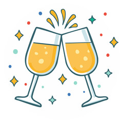 Two Champagne Glasses Clinking Together Celebrating with Confetti Cartoon Illustration