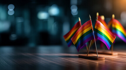Small rainbow flags representing LGBTQ pride displayed wooden table, symbolizing inclusivity