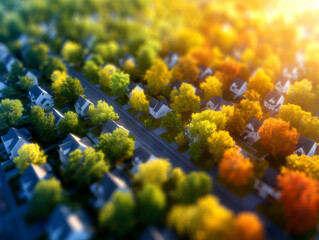 Aerial view of suburban neighborhood with colorful autumn trees and houses. scene captures