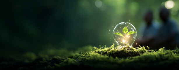 Small green plant grows inside transparent bubble, symbolizing hope and sustainability. soft