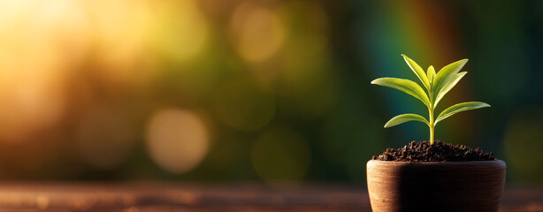 Small green plant grows in pot, symbolizing hope and sustainability in nature