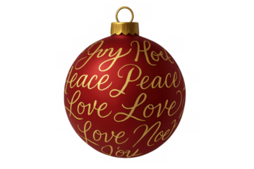 Red christmas ornament displaying holiday messages of peace, love, joy, and noel with gold calligraphy