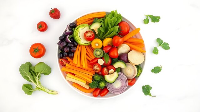 Circular arrangement of fresh vegetables on white marble, highlighting vibrant colors and healthy eating.