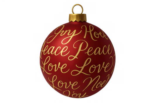 Red christmas ornament displaying holiday messages of peace, love, joy, and noel with gold calligraphy