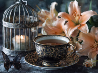 Fototapeta premium Elegant tea setting with floral accents and candlelit ambiance