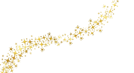 Sparkling golden starburst confetti trail flowing diagonally across a black background isolated on transparent background