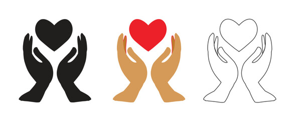 vector illustration of human hands holding a heart icon set