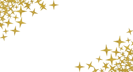 Golden sparkling starbursts scattered across a black background isolated on transparent background