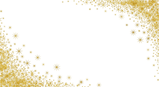 Sparkling golden glitter and confetti particles forming a festive border on a black background isolated on transparent background