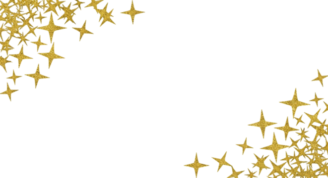 Golden sparkling starbursts scattered across a black background isolated on transparent background