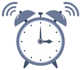 Stylized retro alarm clock ringing loudly with sound waves, symbolizing time, wake up, and urgency