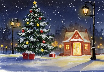 Obraz premium Christmas tree under falling snow next to a cozy house, with street lights illuminating a winter night scene for holiday card.