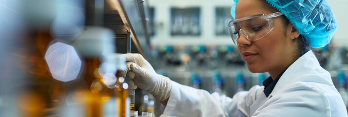 Side profile of a female mixed race pharmaceutical lab scientist pharmacist examining medical vials In a healthcare factory, using generative ai
