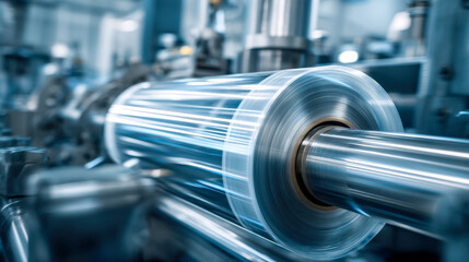 Industrial machinery producing transparent plastic film in a high-tech manufacturing facility with advanced rolling and wrapping equipment in motion