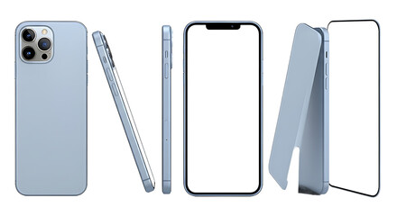 Modern light blue smartphone with blank screen displayed from multiple angles isolated on transparent background