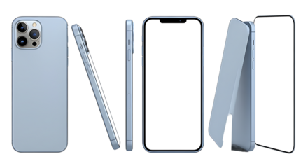 Modern light blue smartphone with blank screen displayed from multiple angles isolated on transparent background