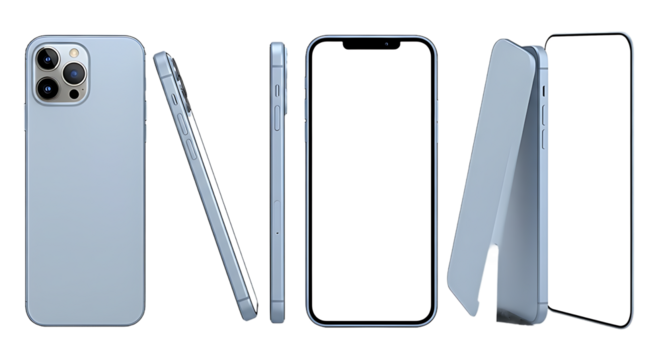 Modern light blue smartphone with blank screen displayed from multiple angles isolated on transparent background