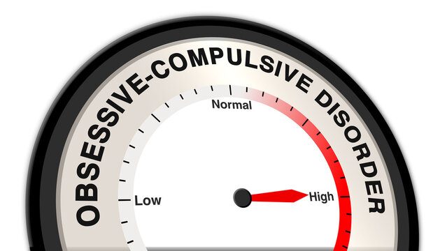 Obsessive-Compulsive Disorder at high severity displayed on a barometer or tachometer, indicating intense intrusive thoughts and compulsive behaviors, requiring urgent therapeutic intervention and sup