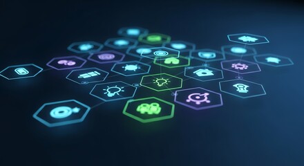 Connected hexagons with icons representing data network