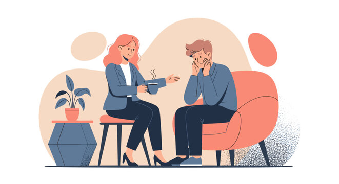 A compassionate therapist provides professional counseling to a distressed male client, offering vital support for mental well-being in a modern, illustrative setting.